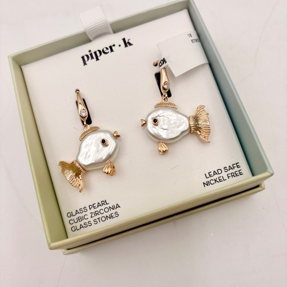 Piper K‎ Glass Pearl Fish Drop Earrings Gold Tone Cubic Zirconia Nautical NIB